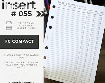 055 | Shows & Movies Log | Printable Planner Insert | FCC | Plan With Bee | Instant Download