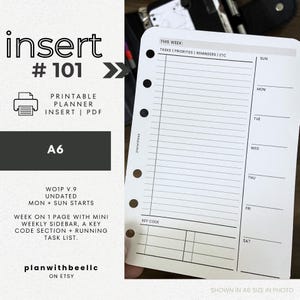 101 | WO1P w/ Mini Weekly Sidebar + Key Code | Undated | Sun + Mon Starts | Printable Insert | A6 | Plan With Bee | Instant Download