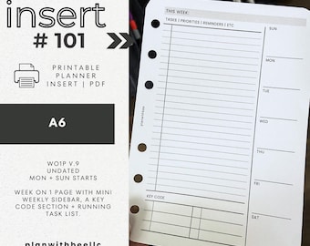 101 | WO1P w/ Mini Weekly Sidebar + Key Code | Undated | Sun + Mon Starts | Printable Insert | A6 | Plan With Bee | Instant Download
