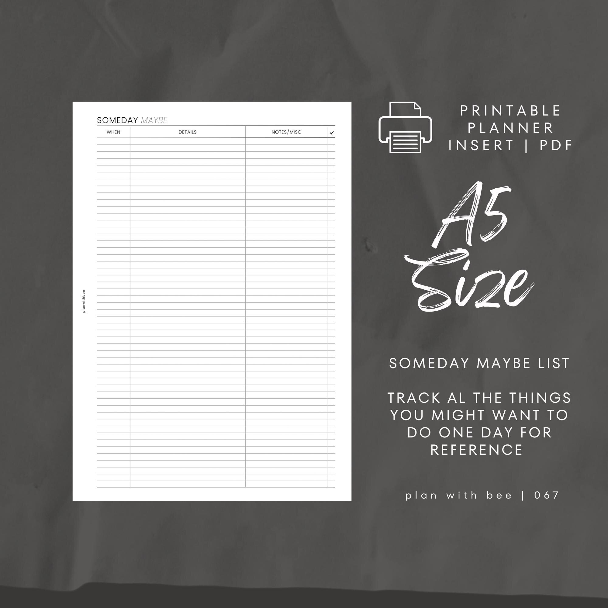 067 | Someday Maybe List | Printable Planner Insert | A5