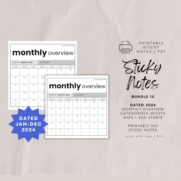 SNB15 | DATED 2024 Categorized Monthly Overview Printable Sticky Notes|Mon + Sun| Bundle 15 |BOLD|Digital Download PDF File|Plan With Bee