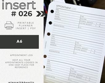 026 | Appointment Log | Printable Planner Insert | A6 | Plan With Bee | Instant Download