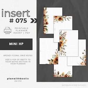 075 / Notas de cuadrícula con flores en bronce / Páginas de notas de cuadrícula con flores / Inserto de planificador imprimible / MINI HP / Planificador con abeja / Descarga instantánea