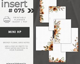 075 | Bronzy Floral Grid Notes | Grid Notes Pages With Floral | Printable Planner Insert | MINI HP | Plan With Bee | Instant Download