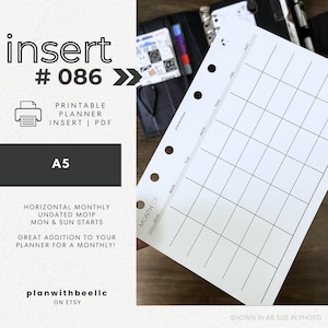 086 | Horizontal Monthly | Undated MO1P | Mon & Sun Starts | Printable Planner Insert | A5 | Plan With Bee | Instant Download
