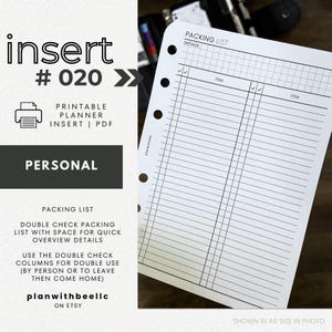 Nr.020 | Packliste | Überprüfen Sie die Packliste | Druckbare Kalendereinlage | PERSÖNLICHE | Plan mit Biene | Sofort Download