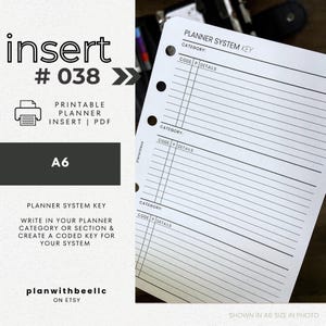 038 | プランナーシステムキー | 分類別プランナーシステムコーディング | 印刷可能なプランナーインサート | A6 | Plan With Bee | すぐにダウンロード
