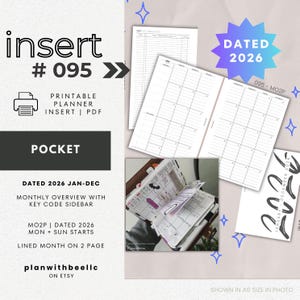 095 | DATIERT 2026 MO2P | Monatliche Übersicht | Jan-Dez | So & Mo Beginnt | Druckbare Kalendereinlage | TASCHE | Planen mit Bee|Instant Download