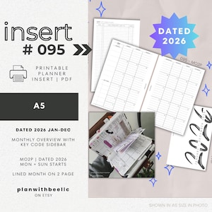 095 | DATED 2026 MO2P | Monthly Overview | Jan-Dec | Sun & Mon Starts | Printable Planner Insert | A5 | Plan With Bee|Instant Download