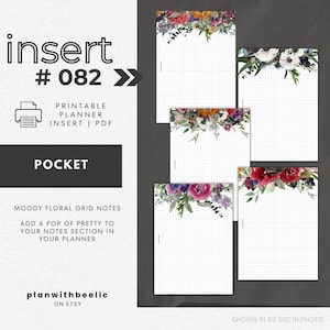 082 / Notas en cuadrícula con motivos florales / Páginas de notas en cuadrícula con motivos florales / Inserto imprimible para agenda / BOLSILLO / Planifica con Bee / Descarga instantánea