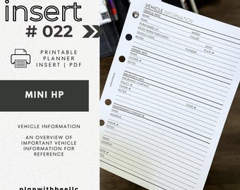 022 | Aperçu des informations sur le véhicule | Encart d'agenda imprimable | MINI HP | Planifiez avec Bee | Téléchargement instantané