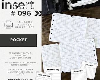 096 | 12-Month Tri-Foldout UNDATED | Printable Planner Insert | Key Code Printable Sticky Note | POCKET | Plan With Bee | Instant Download