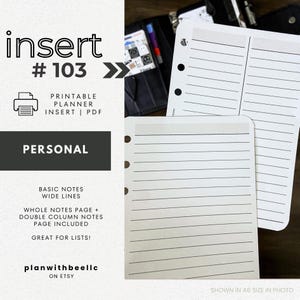 103 | Basic Notes | Wide Lines | Full Page + Double Column Page | Printable Planner Insert | PERSONAL | Plan With Bee | Instant Download