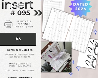 095 | DATED 2026 MO2P | Monthly Overview | Jan-Dec | Sun & Mon Starts | Printable Planner Insert | A6 | Plan With Bee | Instant Download