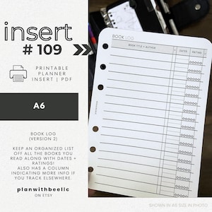 109 | Book Log V2 | Wide Lines | Printable Planner Insert | A6 | Plan With Bee | Instant Download