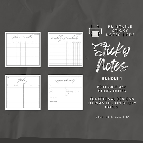 SNB1 | Printable Sticky Notes | Bundle 1 | Monthly, Weekly Tracker, Today & Appointments | Digital Download, PDF File | Plan With Bee