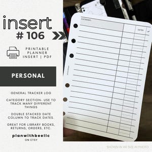 106 | Ogólny dziennik śledzenia | Szerokie linie | Pionowy dziennik śledzenia | Wkładka do planera do druku | OSOBISTE | Planuj z pszczołą | Natychmiastowe pobieranie