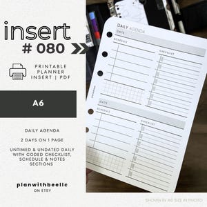 080 | デイリーアジェンダ | 2日1ページ | 2D1P | スケジュール | コード化されたタスク | 印刷可能なプランナーインサート | A6 | Plan With Bee | すぐにダウンロード