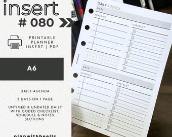 080 / Agenda diaria / 2 días 1 página / 2D1P / Horario / Tareas codificadas / Inserto de planificador imprimible / A6 / Planifica con abeja / Descarga instantánea