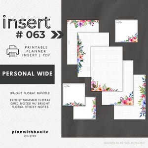 063 | Bright Floral Notes Bundle | Floral Grid Notes & Sticky Notes | Printable Insert | PERSONAL WIDE | Plan With Bee | Instant Download