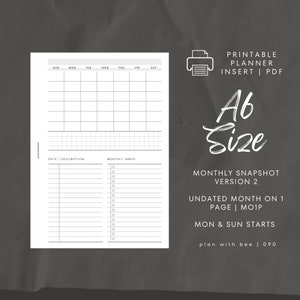 090 | Monthly Snapshot VERSION 2 | Undated MO1P | Sun & Mon Starts | Printable Planner Insert | A6 | Plan With Bee | Instant Download