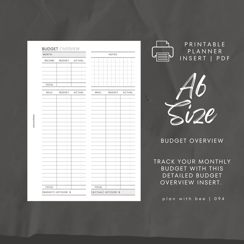 094 | Budget Overview | Printable Planner Insert | A6 | Tenyia's ...