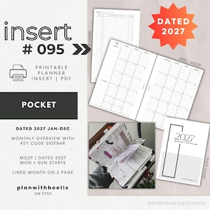 May include: A 2027 dated printable pocket planner insert in PDF format. The set includes a monthly overview layout spanning two pages with a key code sidebar, featuring both Monday and Sunday start options. The design is black and white.