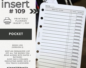 109 | Book Log V2 | Wide Lines | Printable Planner Insert | POCKET | Plan With Bee | Instant Download