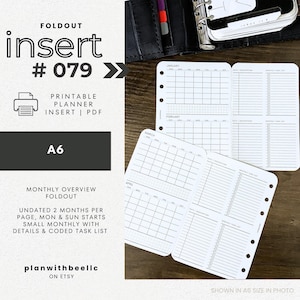 079 | 月間概要折り込み | 1ページに2ヶ月分の詳細 | 日付なし | 日曜・月曜始まり | 印刷可能 | A6 | プラン・ウィズ・ビー | すぐにダウンロード
