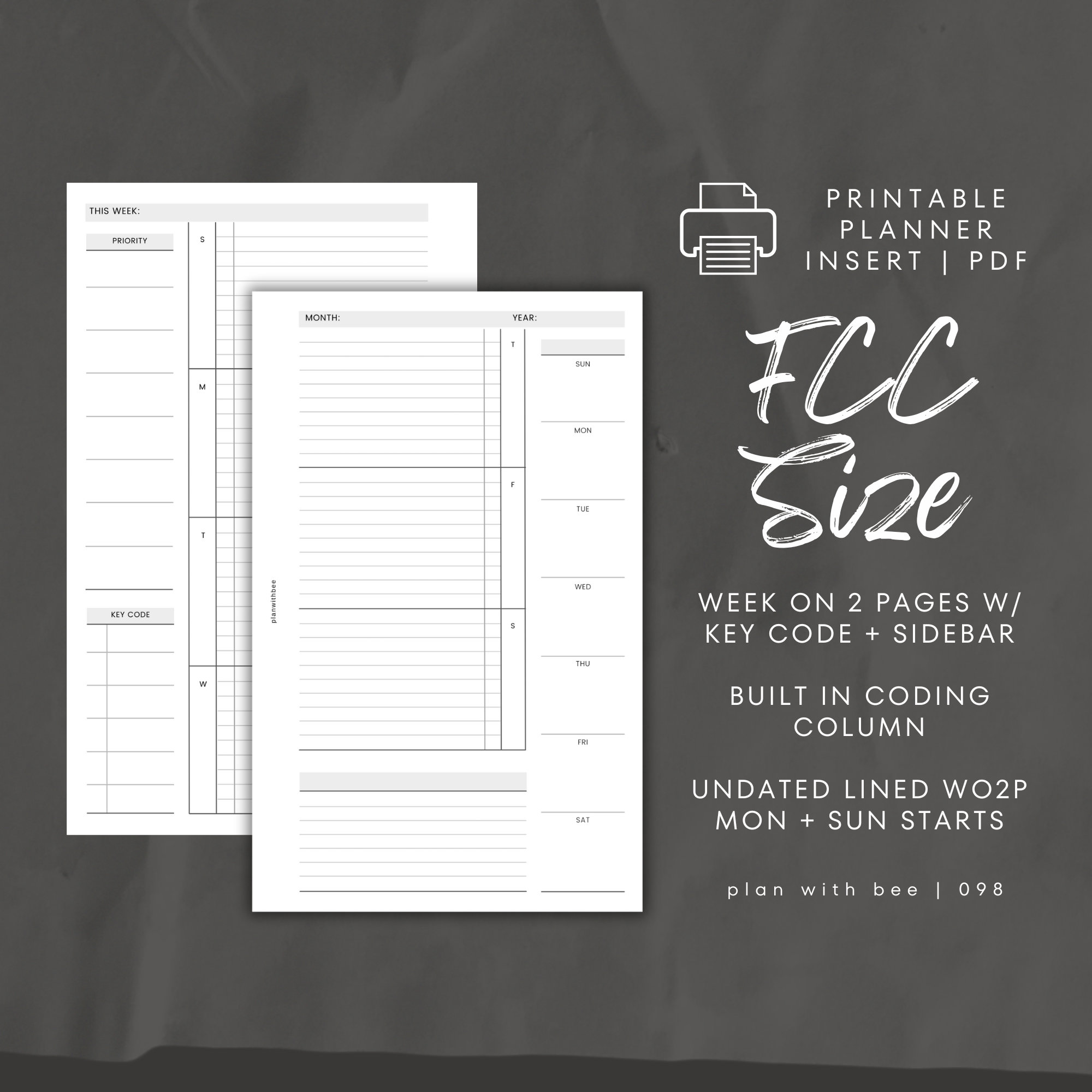 098 | WO2P w/ Key Code | Sidebar | Undated Weekly | Sun & Mon Starts | Printable Planner Insert | FCC | Plan With Bee| Instant Download