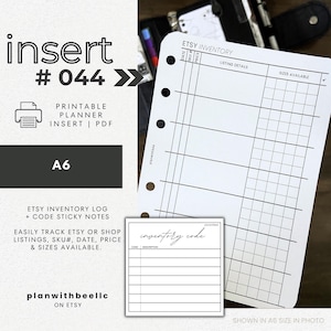 044 | Etsy Shop Inventory Log + Coding Sticky Note | Etsy Listing Tracker | Printable Planner Insert | A6 | Plan With Bee | Instant Download