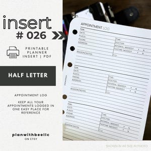 026 | Appointment Log | Printable Planner Insert | HALF LETTER | Plan With Bee | Instant Download
