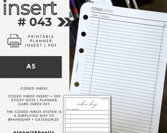 043 | Coded Inbox System | Coded Inbox Insert + Printable Sticky Note Key | Printable Planner Insert | A5 | Plan With Bee | Instant Download