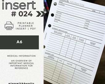 024 | Medical Information Overview | Printable Planner Insert | A6 | Plan With Bee | Instant Download