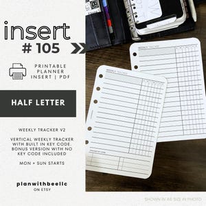 105 | ウィークリートラッカー V2 | ワイドライン | キーコード | 縦型トラッカー | 印刷可能なプランナーインサート | ハーフレター | Plan With Bee | すぐにダウンロード