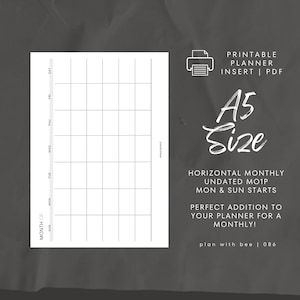086 | Horizontal Monthly | Undated MO1P | Mon & Sun Starts | Printable Planner Insert | A5 | Plan With Bee | Instant Download