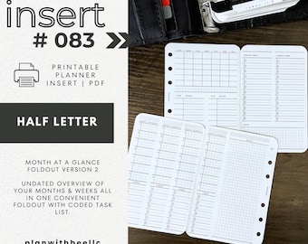 083 | Month At A Glance FOLDOUT v2 | Undated | Monthly +Weekly|Coded|Sun & Mon Starts|Printable| HALF LETTER |Plan With Bee|Instant Download