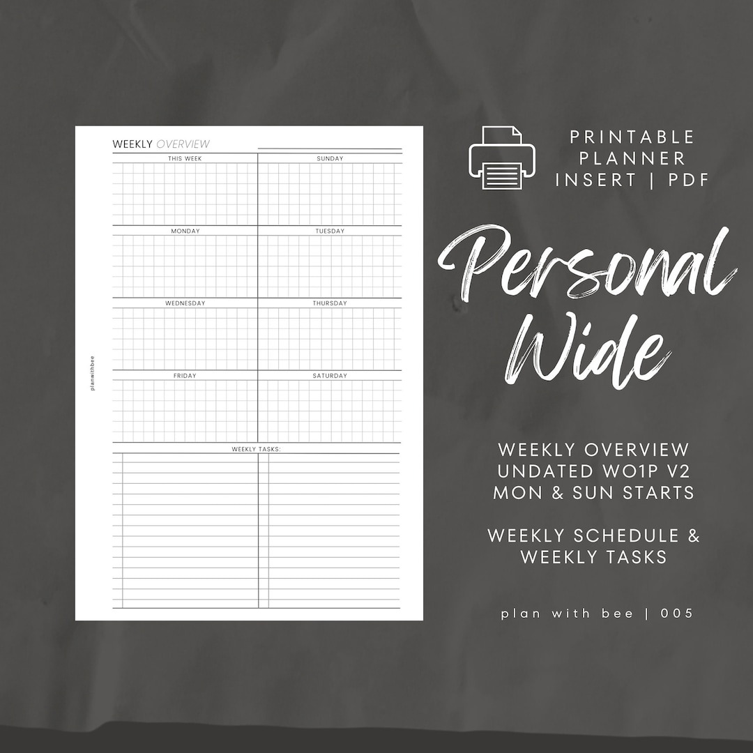005 | Weekly Overview | Undated WO1P V2 | Mon & Sun Starts | Printable ...