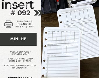 092 | Weekly Snapshot | Undated WO1P | Sun & Mon Starts | Printable Planner Insert | MINI HP | Plan With Bee | Instant Download
