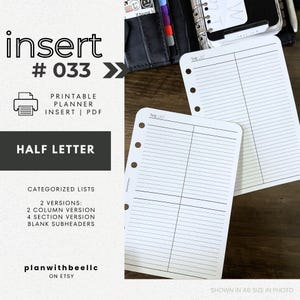 033 | Categorized Lists | Multi Use Lists | Printable Planner Insert | HALF LETTER | Plan With Bee | Instant Download