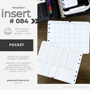 084 | Month At A Glance FOLDOUT v3 | Undated | Monthly + Weekly | Coded |Sun & Mon Starts| Printable| POCKET |Plan With Bee|Instant Download