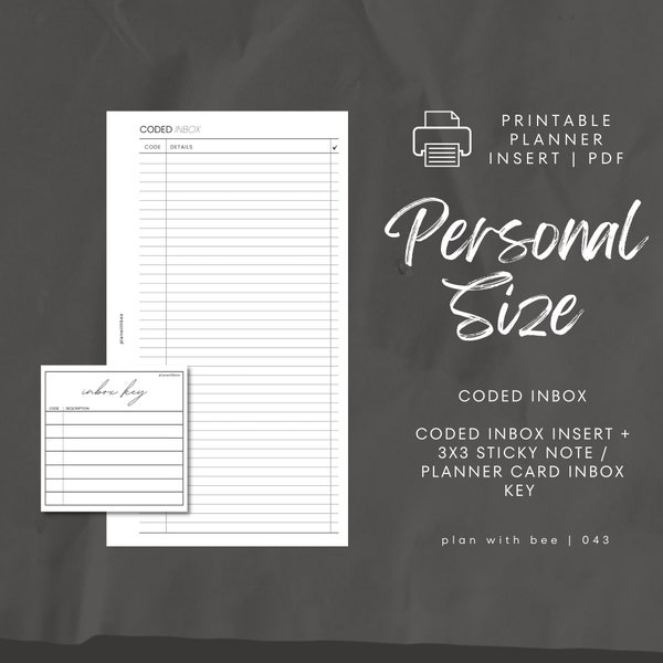 043 | Coded Inbox System | Coded Inbox Insert + Printable Sticky Note Key | Printable Insert | PERSONAL | Plan With Bee | Instant Download