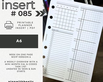 085 | Weekly Overview w/ Mini Monthly | Undated WO1P V6 | Mon & Sun Starts |Printable Planner Insert | A6 | Plan With Bee | Instant Download