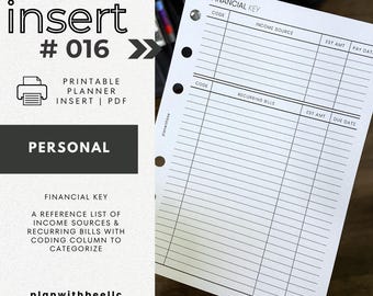 016 | Financial Key | Coded Finances | Recurring Bills & Income | Printable Planner Insert | PERSONAL | Plan With Bee | Instant Download