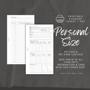 May include: Printable pet care log and information sheet. The sheet includes sections for pet information, current medications, surgery log, and visit details. The sheet is designed to help pet owners keep track of their pet's health and care.