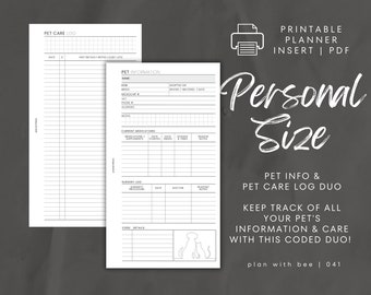 041 | Pet Info & Pet Care Log DUO | CODED Pet Care | Printable Planner Insert | PERSONAL | Plan With Bee | Instant Download