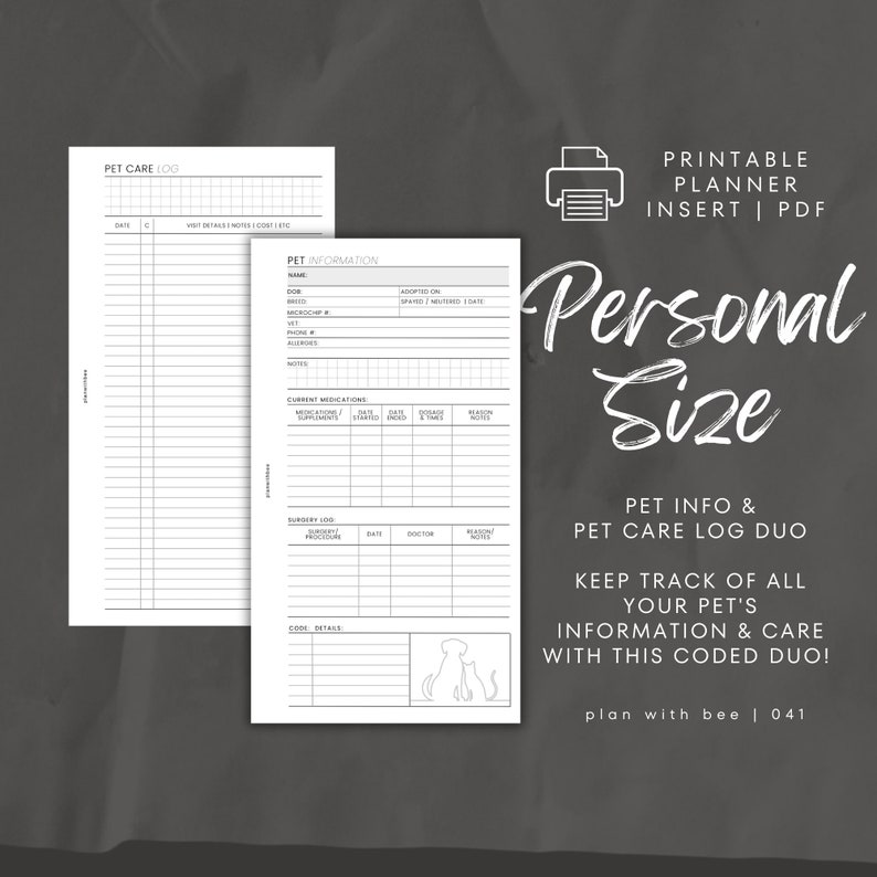 May include: Printable pet care log and information sheet. The sheet includes sections for pet information, current medications, surgery log, and visit details. The sheet is designed to help pet owners keep track of their pet's health and care.
