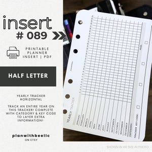 089 | 年間トラッカー（カテゴリー＆キーコードバー付き） | 印刷可能なプランナー挿入物 | ハーフレター | Plan With Bee | すぐにダウンロード