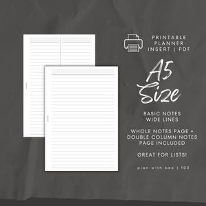 103 / Note di base / Linee larghe / Pagina intera + pagina a doppia colonna / Inserto per pianificatore stampabile / A5 / Pianifica con ape / Download immediato