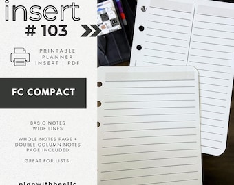 103 | Notes de base | Lignes larges | Pleine page + page double colonne | Encart d'agenda imprimable | FAC | Planifiez avec Bee | Téléchargement instantané